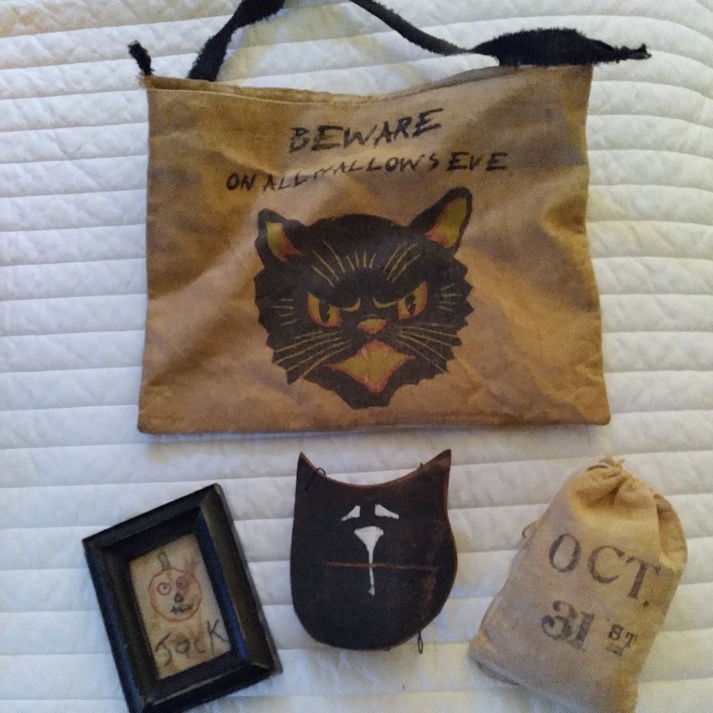 Vintage Primitive Halloween Lot of Cat, Pumpkin, Bag, etc.